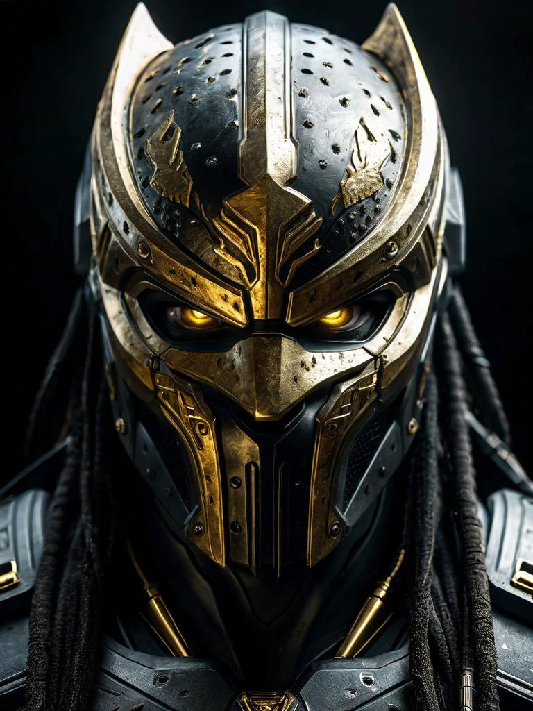 predator very aesthetic, highres, gold, black, silver, spartan mask, 4k, 8k, intricate detail, cinematic lighting, amazing quality, amazing shading, detailed Illustration, official artwork, wallpaper, official art, ((detailled grey eyes)) , from below, full body, skin detailled, pores, DLSR, Canon, bioluminescent urban background <lora:symmetrical:1> symmetrical <lora:add-detail-xl:3>