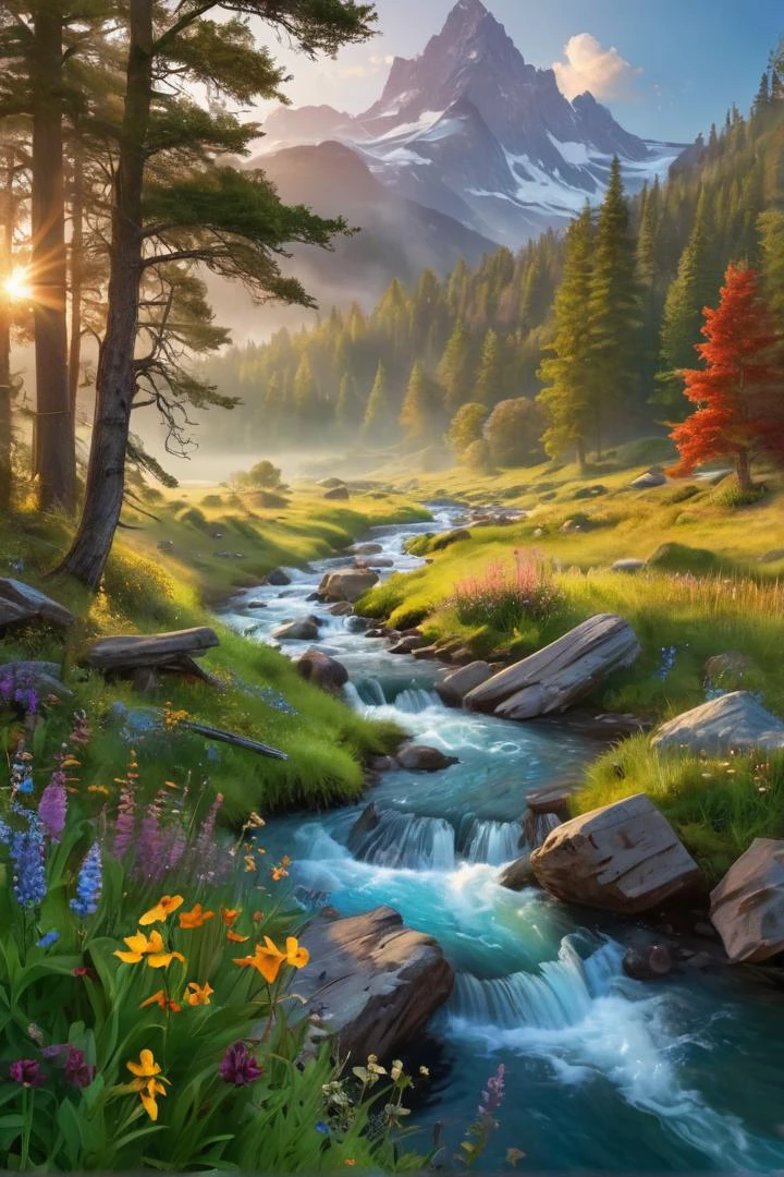 majestic mountain landscape, glowing waterfalls, crystal-clear lakes, lush green forests, vibrant wildflowers, soft sunlight filtering through tall trees, rolling hills, serene meadows, misty valleys, colorful butterflies, gentle river flowing, birds soaring in the sky, ethereal fog, distant snow-capped peaks, magical forest clearing, vibrant colors, enchanted forest, peaceful atmosphere, morning dew, golden hour lighting, fantasy nature scenery