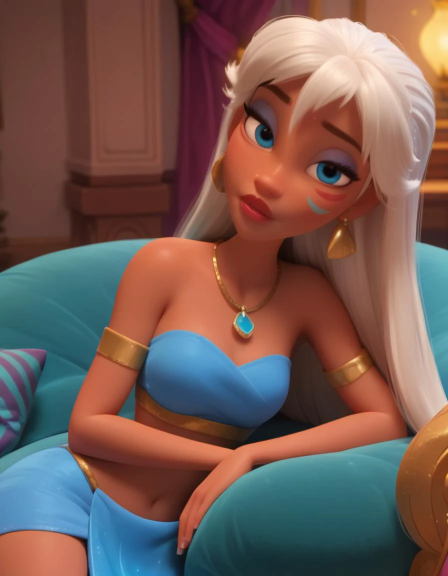 <lora:add-detail-xl:.7> <lora:princess_xl_v2:.7> <lora:Expressive_H:.75> <lora:disney3d-ponyxl:.7> <lora:KidaXLP_character:.7>
score_9, score_8_up, score_8, sexy 20 year old , 1girl, KidaXLP, dark skin, blue eyes, long hair, jewelry, white hair, facial mark, bangs, lips, makeup, loincloth, blue skirt, tube top, puffy lips, makeup, dark eyeliner, cinematic lighting, eyes half closed, sexy aroused face, adult, sitting on beanbag chair, lounge, solo girl, disney 3d style