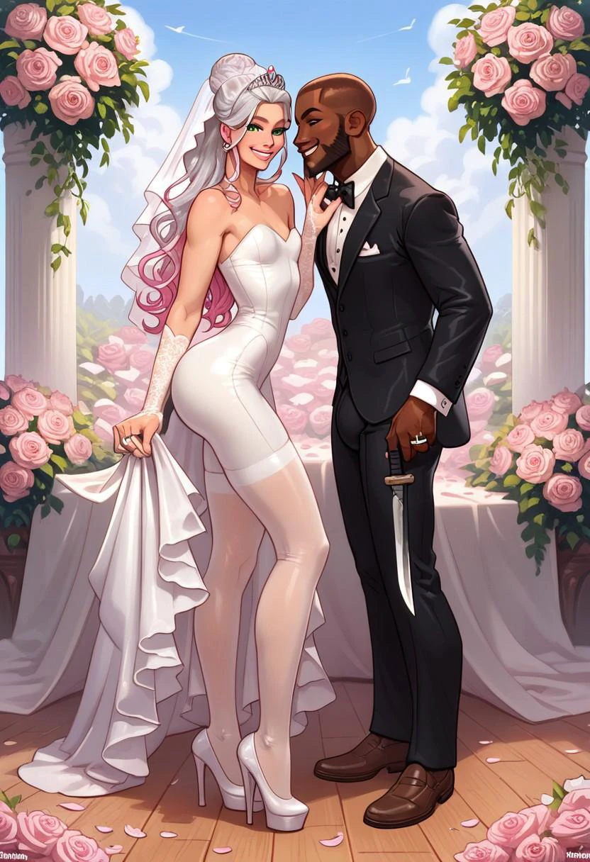 a sexy white twink at a wedding with a handsome black man,
BREAK
(twink), sexy, beautiful, silver hair pink highlights, long hair, fancy updo bun, green eyes, thick waist, large ass, athletic body, flat chest, small bulge, very tight classy wedding dress, revealing wedding dress, fully clothed, white veil, big diamond ring on hand, happy, big smile, white stockings, lace gloves, lace dress, spade tiara, high heels, sexy pose,
BREAK (1man, large african american man, handsome, bald, full beard, tall, large bulge, wearing black tuxedo, interracial, big smile, cutting cake with knife,) BREAK
fancy wedding setting, large wedding cake, flowers,
,score_9, score_8_up, score_7_up, source_realistic, highly detailed, ultra high quality, detailed background, close up,