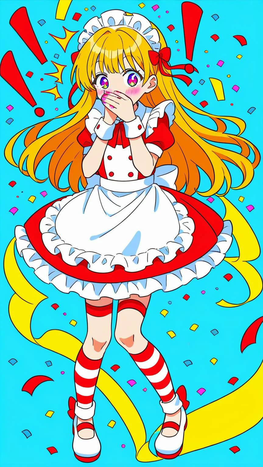 (1girl:1.3), (cute:1.2), (anime style:1.1), (simple background:1.2), (flat colors:1.2), (lineart:1.1), ((bright colors)), ((surprised, hands covering mouth)), blue sky, white clouds, confetti, (full body:1.1), (dynamic pose:1.1), (maid outfit), (striped clothes), (hat:1.1), (long hair:1.1), detailed eyes, (emotional:1.2), vibrant, cheerful, colorful, ((2D anime style))