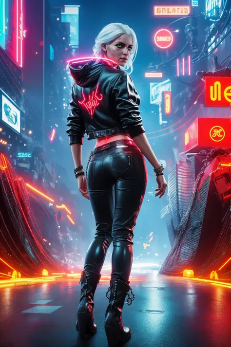 ciriW3_soul3142,street,neon,cyberpunk,white hair,jacket,sleeves rolled up,leather pants,chain,leather boots,standing,(looking back, 1girl, green eyes, scar across eye:1.1),masterpiece,best quality,intricate details,
<lora:ciriW3-08b:0.6>,<lora:detail_slider_v4:0.7>,<lora:bf4:0.4>,ultra-detailed,front view,