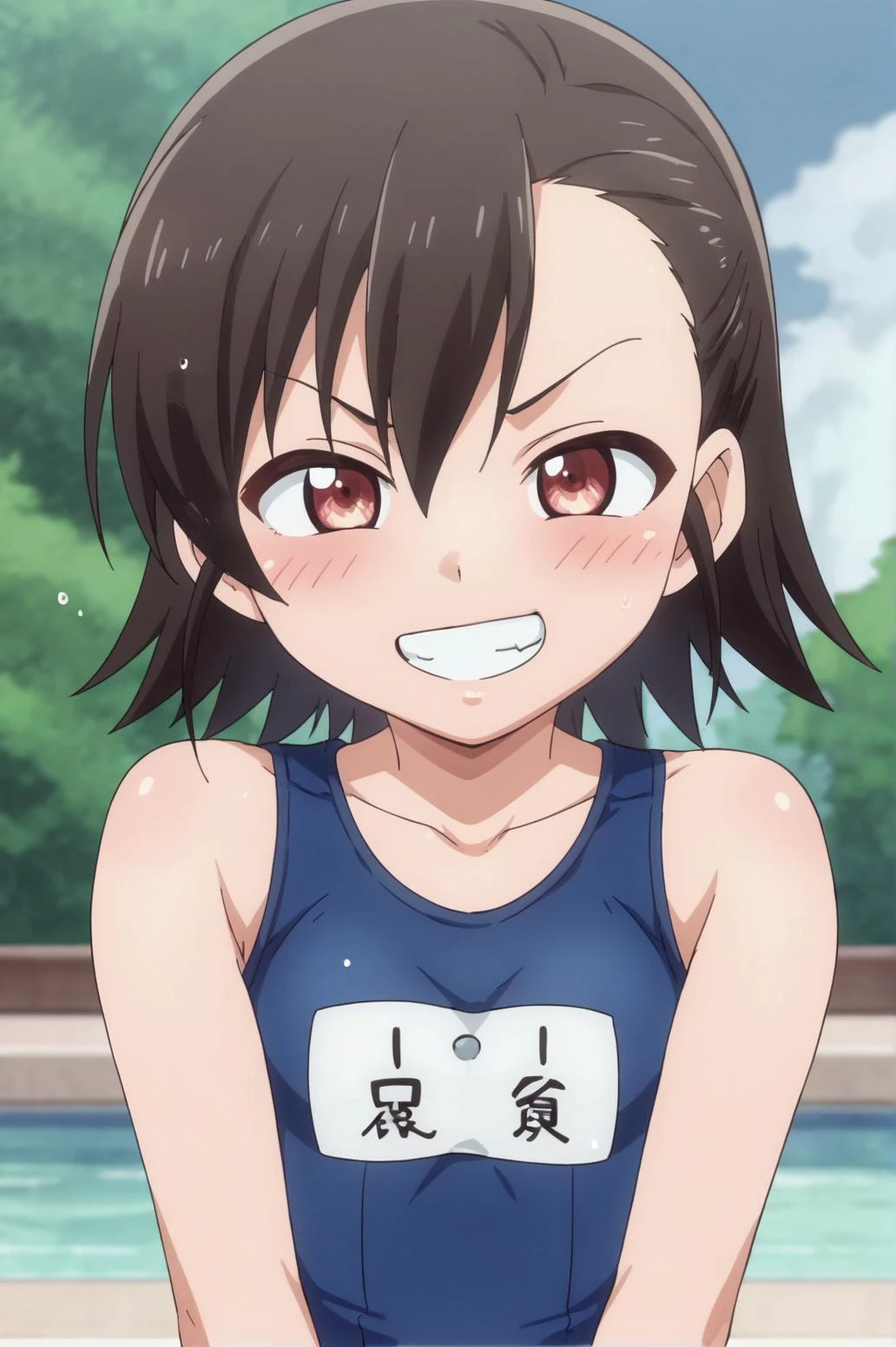score_9, score_8_up, score_7_up,anime_source, source_anime, best background, detailed background, anime screencap, Sahono Ashisu, swiming pool, sone-piece swimsuit, school swimsuit, solo, swimsuit, outdoors, sub, blush, horny, naughty face, smug, upper body, grin, <lora:JN_Sahono_Ashisu:0.8>