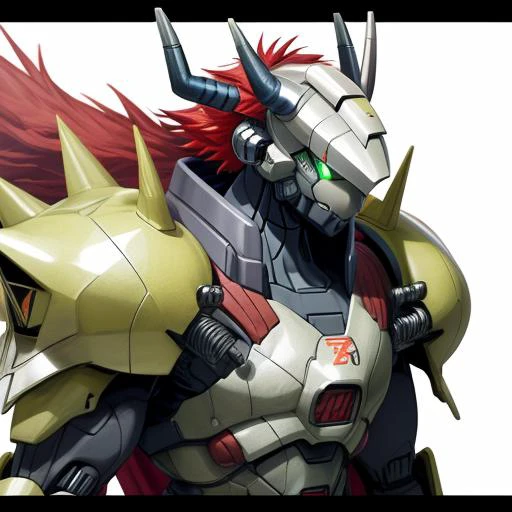 robot, wargreymon, armor, helmet, digimon, bandai namco, horns, 1boy, green eyes, white background