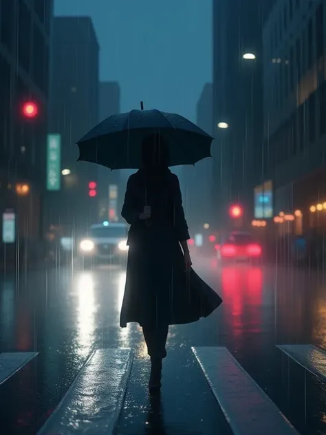 anime, A moody, rainy city scene featuring a mysterious figure walking alone across a crosswalk, holding an umbrella. The figure is dressed in dark, layered clothing, with the soft glow of streetlights and car headlights illuminating the rainy street. The rain pours heavily, creating a reflective surface on the ground, while the background is blurred with motion, capturing the urban atmosphere. The figure's face is hidden in shadow, adding an air of mystery. The scene evokes a sense of solitude, music, and quiet determination amidst the busy, rain-soaked cityscape.