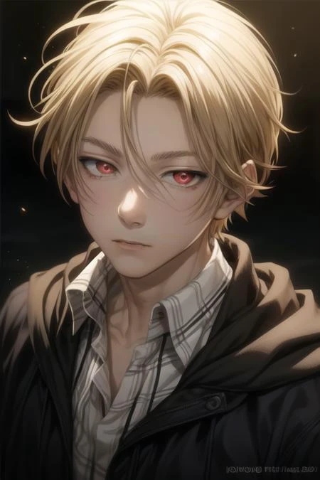 masterpiece, best quality, high quality, 1boy, solo, male focus, looking at viewer, upper body, <lora:king_of_despair:0.66>, king_of_despair, red eyes, blonde hair, hair between eyes, realistic,