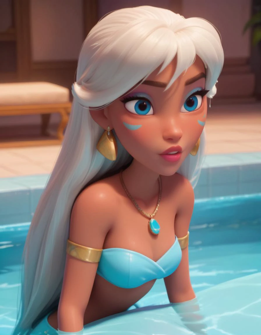 <lora:add-detail-xl:.7> <lora:princess_xl_v2:.7> <lora:Expressive_H:.75> <lora:disney3d-ponyxl:.7> <lora:KidaXLP_character:.8>
score_9, score_8_up, score_8, sexy 20 year old , 1girl, KidaXLP, dark skin, blue eyes, long hair, jewelry, white hair, facial mark, bangs, lips, makeup, high waisted blue bikini, puffy lips, makeup, dark eyeliner, cinematic lighting, eyes half closed, sexy aroused face, adult, sitting on edge of pool, solo girl, disney 3d style