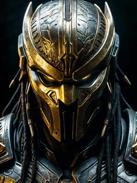 predator very aesthetic, highres, gold, black, silver, spartan mask, 4k, 8k, intricate detail, cinematic lighting, amazing quality, amazing shading, detailed Illustration, official artwork, wallpaper, official art,  ((detailled grey eyes)) , from below, full body, skin detailled, pores, DLSR, Canon, bioluminescent urban background <lora:symmetrical:1> symmetrical <lora:add-detail-xl:3>