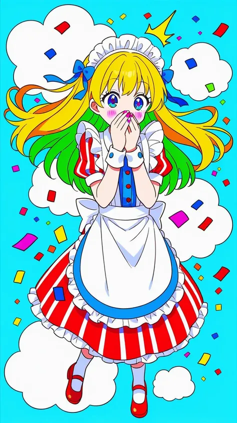 (1girl:1.3), (cute:1.2), (anime style:1.1), (simple background:1.2), (flat colors:1.2), (lineart:1.1), ((bright colors)), ((surprised, hands covering mouth)), blue sky, white clouds, confetti, (full body:1.1), (dynamic pose:1.1), (maid outfit), (striped clothes), (hat:1.1), (long hair:1.1), detailed eyes, (emotional:1.2), vibrant, cheerful, colorful, ((2D anime style))