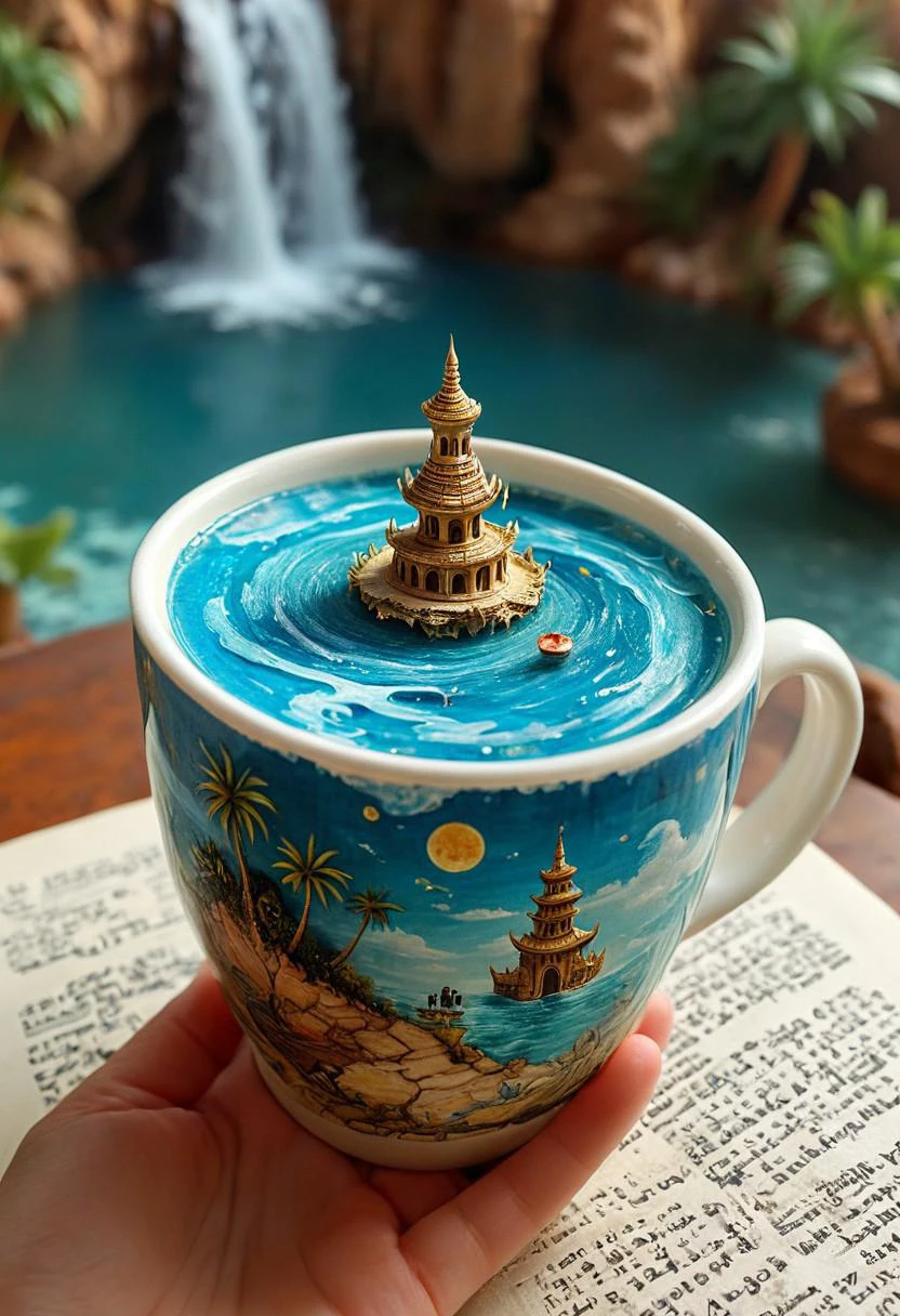 tilt-shift photo of best quality double exposure complex surreal painting on cracked paper, macro, microworld, hyperdetailed, insanely detailed, surreal, tiny genie spirit creature, flying oasis landscape placed inside a cup on the table in room. waterfall, lotus flowers,temple palms desert filigree, table cinematic, big eyes 32k, by Rockwell, WLOP Ryniac, Craola, Disney, van Gogh, highly detailed, intricated, intricated pose, high quality, centered, perfect composition.,
<lora:Midjourney_-_SemiReal_Dreams_FLUX_LoRA:1>,<lora:hyper-detail-illustration:1>, Selective focus, miniature effect, blurred background, highly detailed, vibrant, perspective control