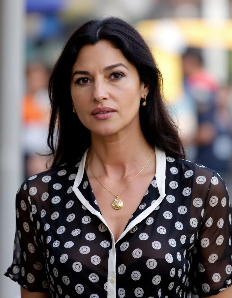 The image is a photograph of a woman standing outdoors, likely in a city setting, as suggested by the blurred, out-of-focus background. She is positioned slightly off-center to the right. The woman has a light complexion and dark, wavy hair that falls past her shoulders. Her facial expression is neutral, with slightly parted lips and a direct gaze towards the camera.
She is wearing a black button-down blouse with a white collar and a pattern of white circular designs on a black background. The blouse has a slight sheen, indicating it might be made of a silk-like material. She is accessorized with a thin gold necklace that features a pendant, and she wears small, round, gold earrings that are simple in design.
The background is blurred, with indistinct shapes and colors that suggest a street or urban environment. The lighting is natural, with the sun casting soft shadows and highlights, adding a warm tone to her skin and the fabric of her blouse. The overall mood of the photograph is casual and elegant, capturing the subject in a relaxed yet poised manner. ,Monica Bellucci, <lora:Monica_Bellucci_Flux_V1:1>