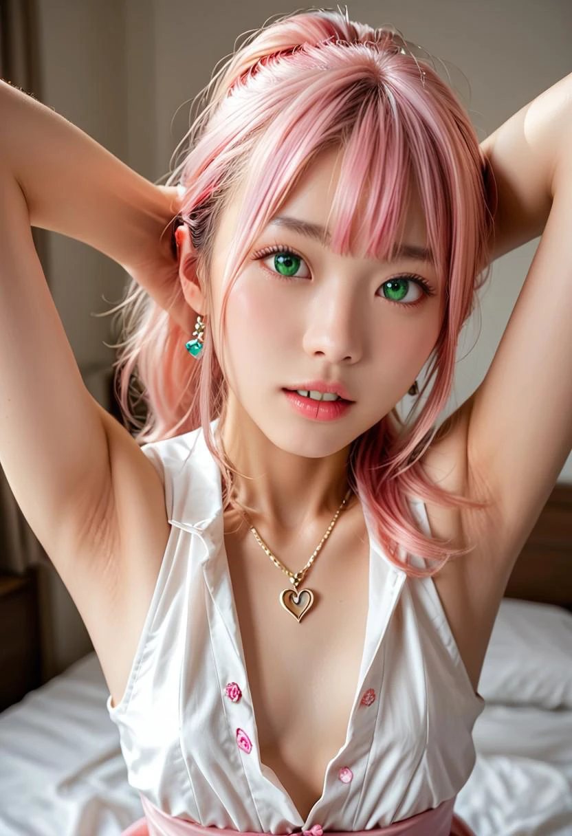 score_9, score_8_up, score_7_up, Expressiveh,
1girl, flat chest, tiny tits, cute girl, 18 years old, flushed with excitement, (silvery pink hair:1.3), hair in messy ponytail, realistic small pointy nose, realistic chin, green eyes, detailed face, cute Asian face, adorable bright eyes, detailed and realistic eyes, petite body, (sleeveless sexy seductive white thin blouse, downblouse:1.5), erected nipples, pokies, nip slip, budging nipples, hard nipples, exposed armpits, show armpits, sexy armpits, glasses, small waist, HD32K, incredibly detailed, posing in bedroom, (teasing, naughty expression), small elegant necklace, partially nude, parted lips, perfect teeth, beautiful teeth, show armpit, one arm, exposed armpit