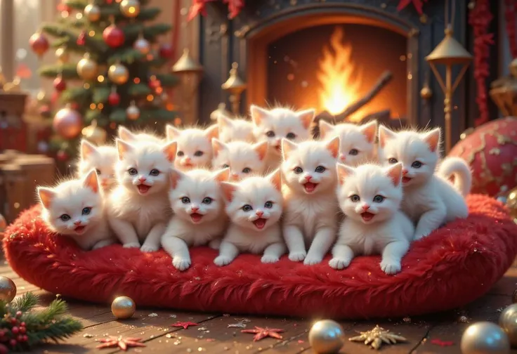 many snow-white little kittens, sitting on fluffy red cushion, meowing, warm atmosphere, cuteness, warm colors, fireplace on the background.