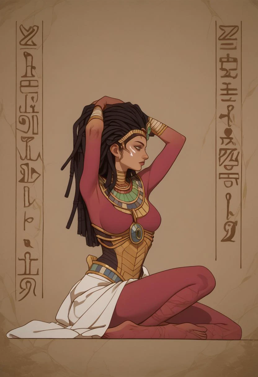 texture score_9, score_8_up, score_7_up, FauxEgyptian, Kerriganxl, full body, sitting, arms up, top down close-up, <lora:Pony\style\FauxEgyptian_XLPD.safetensors:1.0:1.0> <lora:Pony\char\KerriganXL-11.safetensors:0.6:0.6>