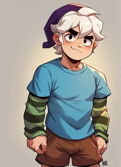 score_9, score_8_up, score_7_up,    <lora:bs_gus:1>1boy,  bsgus ,green sleeves , aged down,  blue shirt ,brown  shorts , white hair ,Striped sleeves ,purple headwear , looking at viewer,       <lora:torule_style:1>by torule