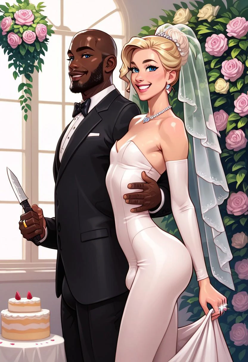 a sexy femboy at a wedding with a handsome black man, BREAK (femboy, sexy, beautiful, blonde hair, fancy updo bun, blue eyes, fair skin, thin waist, large ass, soft body, flat chest, small bulge, short, wearing classy wedding dress, fully clothed, white veil, big diamond ring on hand, happy, big smile,), BREAK (1man, large african american man, handsome, bald, full beard, tall, large bulge, wearing black tuxedo, interracial, big smile, cutting cake with knife,) BREAK fancy wedding setting, large wedding cake, flowers,
,score_9, score_8_up, score_7_up, source_realistic, highly detailed, ultra high quality, detailed background, close up,