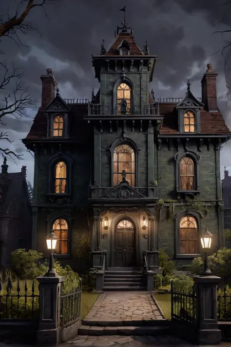 Annimation, in the style of the animated series [Over the Garden Wall], Haunted Mansion: "A gothic mansion with dark windows and a creaking door."