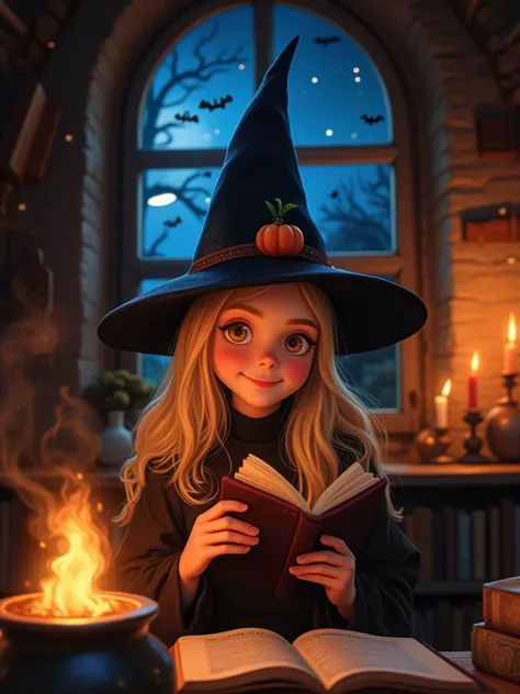 A cozy and whimsical scene of a young witch sitting in a magical, candlelit room filled with books and potions. She has long blonde hair, wears a black witch's hat adorned with a small pumpkin, and is holding an ancient spellbook while smiling with wide eyes. The room is dimly lit by a warm fire burning in a cauldron, casting a soft glow on the witch and her surroundings. Through the arched window behind her, a starry night sky with flying bats and a crescent moon can be seen. The atmosphere is enchanting and warm, blending elements of magic, curiosity, and a sense of wonder.