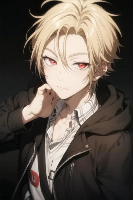 masterpiece, best quality, high quality, 1boy, solo, male focus, looking at viewer, upper body, <lora:king_of_despair:0.68>, king_of_despair, red eyes, blonde hair, hair between eyes, , jacket