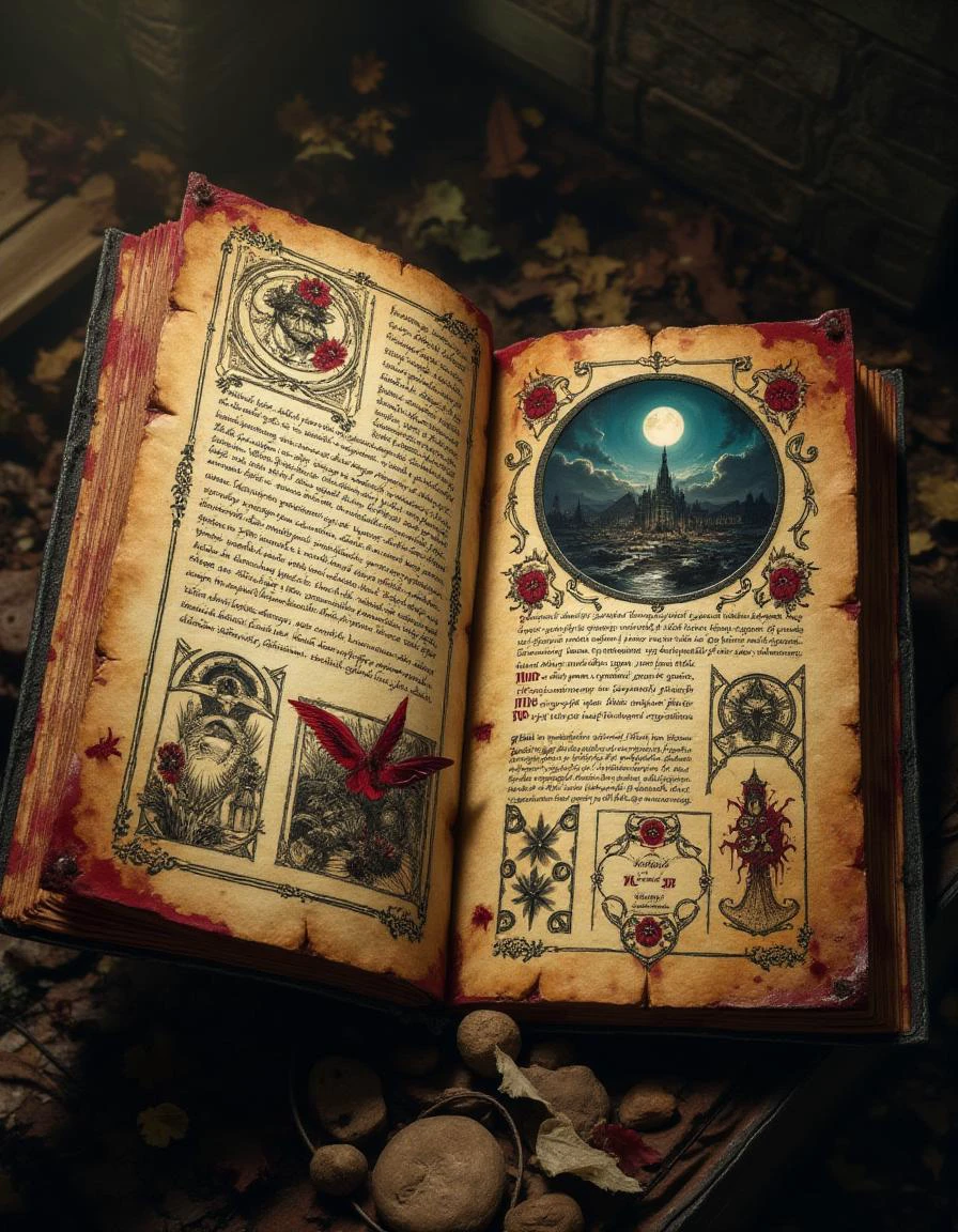 In a long-abandoned monastery, a mysterious holy book lies hidden. The Tainted Tome of the Fallen, bound in black leather, holds the secrets of summoning a powerful angel. However, the book has been corrupted by a dark force, twisting its original purpose.
The pages are yellowed and worn, filled with handwritten text in a mix of ancient languages. The letters appear distorted, as if written by a madman, in a deep, blood-red ink that seems to seep into the parchment. Illustrations of symbols, diagrams, and arcane glyphs are also corrupted, depicting twisted creatures and dark landscapes. One image shows a desolate, ruined city with a blackened temple at its center, surrounded by a halo of dark energy.
The recipe to summon the angel includes text in bold letters: "Moonstone dust, Pure mountain spring water, A drop of blood from a pure heart, A feather from a bird of prey, Perform the ritual under a full moon, recite the incantation, and draw the symbol on the ground. But be warned: the Tainted Tome is cursed, and using its knowledge risks unleashing a terrible evil. The darkness that corrupted the book will stop at nothing to claim the souls of those who dare to use its power."
<lora:FluxDFaeTasticDetails:0.65>