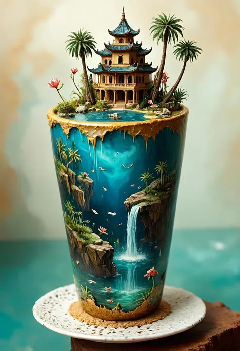 tilt-shift photo of best quality double exposure complex surreal painting on cracked paper, macro, microworld,  hyperdetailed,   insanely detailed, surreal, tiny genie spirit creature, flying oasis landscape placed inside a cup on the table in room. waterfall, lotus flowers,temple palms desert filigree, table cinematic, big eyes 32k, by Rockwell, WLOP Ryniac, Craola, Disney, van Gogh, highly detailed, intricated, intricated pose, high quality, centered, perfect composition.,
<lora:Midjourney_-_SemiReal_Dreams_FLUX_LoRA:1>,<lora:hyper-detail-illustration:1>, Selective focus, miniature effect, blurred background, highly detailed, vibrant, perspective control