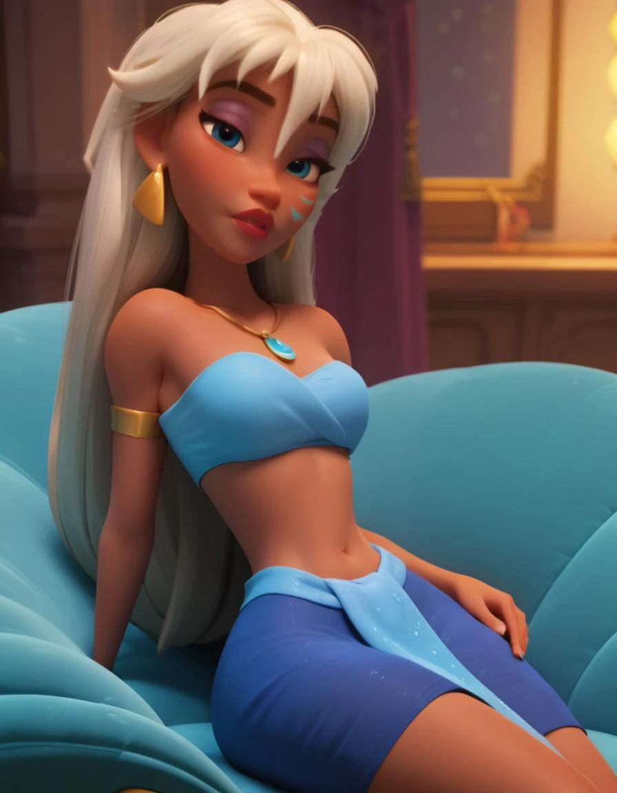 <lora:add-detail-xl:.7> <lora:princess_xl_v2:.7> <lora:Expressive_H:.75> <lora:disney3d-ponyxl:.7> <lora:KidaXLP_character:1>
score_9, score_8_up, score_8, sexy 20 year old , 1girl, KidaXLP, dark skin, blue eyes, long hair, jewelry, white hair, facial mark, bangs, lips, makeup, loincloth, blue skirt, tube top, puffy lips, makeup, dark eyeliner, cinematic lighting, eyes half closed, sexy aroused face, adult, sitting on beanbag chair, lounge, solo girl, disney 3d style
