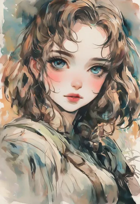 watercolour, Anime style,    真实感, a painting, Fantastic tale, Christmas style, John Tolkien style, Small painting by Jean-Baptiste Monge,  Girl- Her thin straight eyebrows came together into a thread, and dark circles appeared under the eyes.