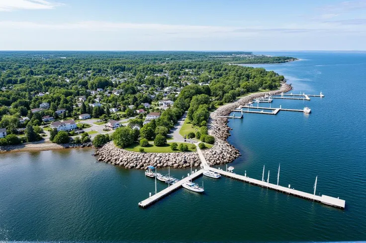 wide angle Drone footage of a American north eastern town, pier, docked sail boats, rocky shore, trees, homes, downtown area , <lora:detailer_flux_v1:1> detailerlora <lora:Phlux:0.5>
