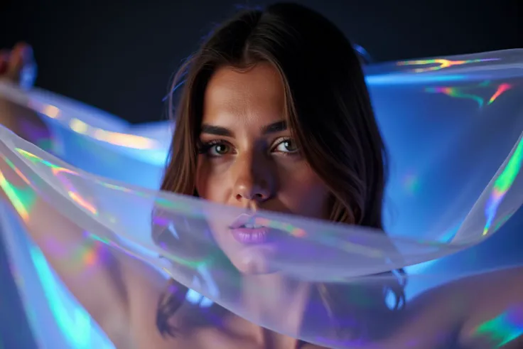 A woman with holographic veil around her.