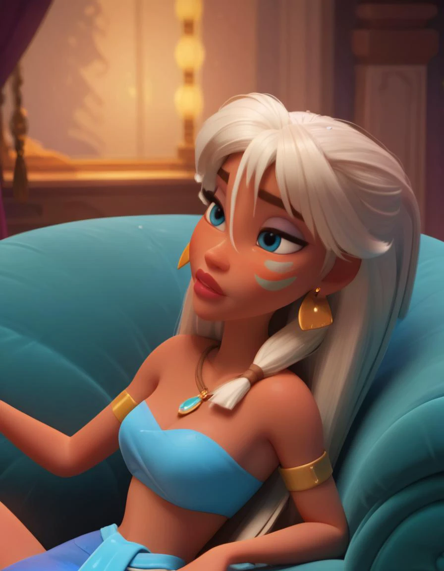 <lora:add-detail-xl:.7> <lora:princess_xl_v2:.7> <lora:Expressive_H:.75> <lora:disney3d-ponyxl:.7> <lora:KidaXLP_character:1>
score_9, score_8_up, score_8, sexy 20 year old , 1girl, KidaXLP, dark skin, blue eyes, long hair, jewelry, white hair, facial mark, bangs, lips, makeup, loincloth, blue skirt, tube top, puffy lips, makeup, dark eyeliner, cinematic lighting, eyes half closed, sexy aroused face, adult, sitting on beanbag chair, lounge, solo girl, disney 3d style