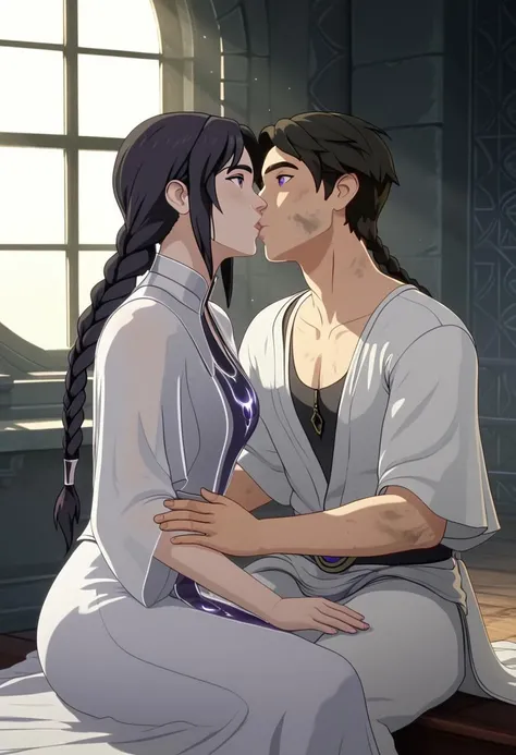 (man and woman kissing:2),, (masutepiece, Best Quality, hight resolution, nffsw, Perfect Pixel, depth of fields, 4K), , Perfect body, , (boys and girls:1.8), (2 human in picture:2) boy on top, side ponytail, black hair,
japanese clothes,
sash,
gloves, purple kimono,
, nsfw,(ecstasy:1.3) ,(slut:1.2),(vulgarity:1.3),(fucked silly:1.1),(steam:1.1),(wet:0.8),(trembling:0.8),(tears:0.7) ,(drooling:0.6),(sweat:0.8), wince,(orgasm:1.5), , (nipples:1.4), (boy fondle girl's breasts:2) , large boob, bed room, (hardcore sex),