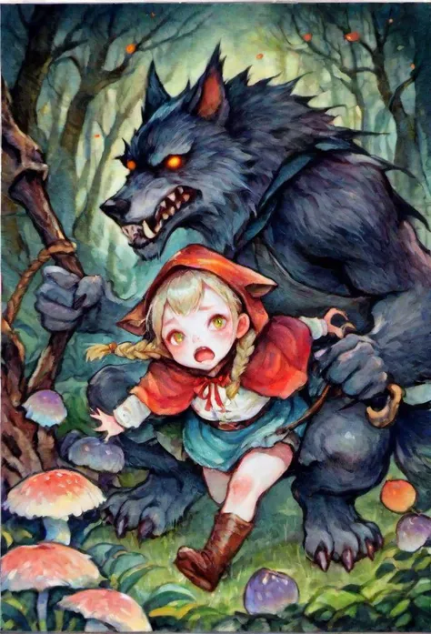 score_9,score_8_up,score_7_up,score_6_up,score_5_up,score_4_up,painting,watercolor,traditional media,<lora:绪儿水彩风格XUER watercolor:0.8>,XUER,
XUER,1girl,looking at viewer,open mouth,braid,teeth,tears,hood,twin braids,tree,night,animal,cat,child,nature,forest,bat (animal),wolf,little red riding hood (grimm),