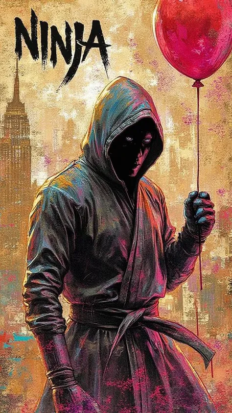 Poster Title "New York Ninja", text title style, perfect text title
A mysterious, martial arts expert, clad in a sleek ninja suit. Background: A neon-lit, futuristic New York Cityscape, with a Bronze, Liquid Crystal, and Holographic Haze Backdrop. Supporting characters: None, but the silhouette of the villainous Plutonium Killer looms in the shadows. Branding type: Cyberpunk, 8k, inspired by Yoji Shinkawa's art style. Tagline: "Plutonium Killer, your days are numbered!" Visual style: A fusion of Grunge and Hot Wax Painting aesthetics, with bold, Beige and Mauve hues, and a Prism Effect, evoking a sense of high-tech danger.,“Photo of a wall in the city. On the wall we see detailed graffiti with a girl holing a red balloon in the style of Banksy, the graffiti text reads "DREAM DIFFUSION FLUX".”