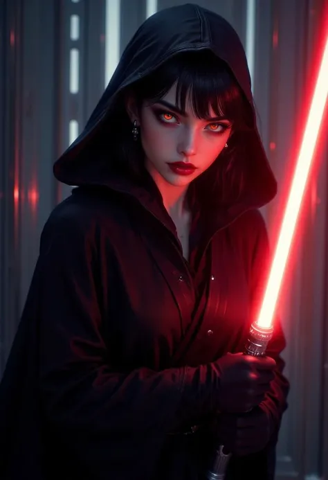 masterpiece, extremely beautiful female sith, star wars sith female warrior, sith black robes, glowing eyes, dark hair, bangs, dark eyeshadow, thin red lips, holding red lightsaber, lightsaber glowing, dynamic pose