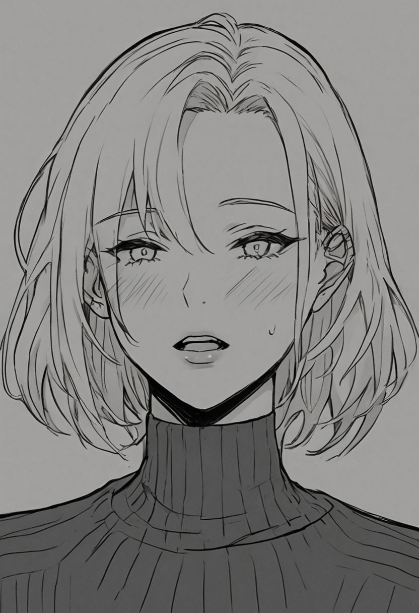 A drawing of a woman with a black turtle neck and long hair - SeaArt AI