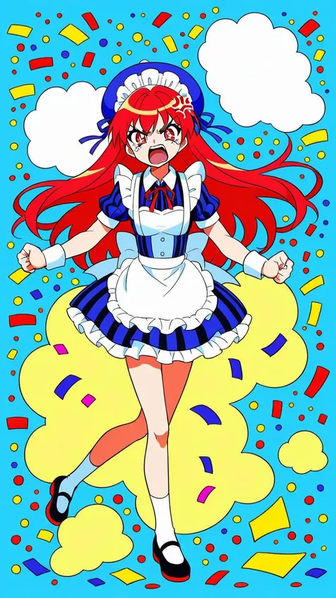 (1girl:1.3), (cute:1.2), (anime style:1.1), (simple background:1.2), (flat colors:1.2), (lineart:1.1), ((bright colors)), ((angry, shouting expression)), blue sky, white clouds, confetti, (full body:1.1), (dynamic pose:1.1), (maid outfit), (striped clothes), (hat:1.1), (long hair:1.1), detailed eyes, (emotional:1.2), vibrant, cheerful, colorful, ((2D anime style))