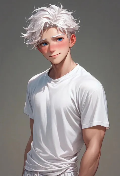 score_9,score_8_up,score_7_up,score_6_up, 1boy, young boy,(handsome, cute) solo, blue eyes, ((white eyebrow)),  heartfelt look, shy smile, ((blush:1.2)), white hair, very short hair, (muscular body:1.1)), white shirt, white shorts,ng_deepnegative_v1_75t