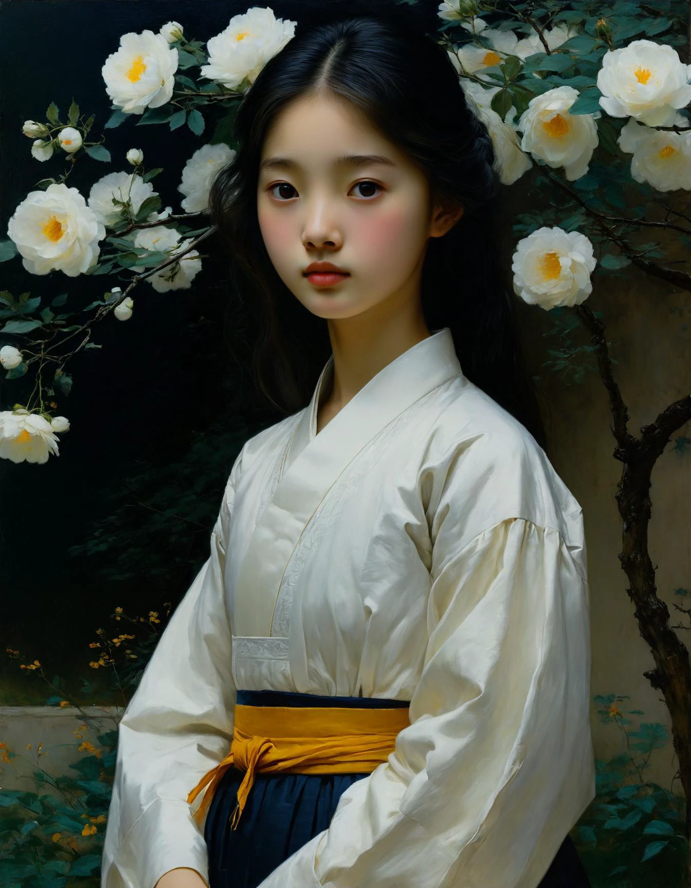 Minimalist painting of an Korean princess wearing a hanbok by Albert Lynch, Abbott Handerson Thayer, highly detail, best quality, standing in an garden, innocent, serene, pale skin, brown eyes, long flowing black hair, ultra detailed, romantic, Rembrandt lighting