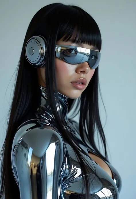 Neo-futuristic style, cyberpunk, fullbody shot, a stunning super model from the future, metal skin, girl in the form of a metal liquid, long black hair, blunt bangs, large breasts,  nude, her eyes are hidden behind a chrome visor, body made of liquid metal, chrome, the setting is a futuristic fashion shoot, vogue editorial, glossy surfaces, iridescent, leaning pose, creative angle, she faces towards the viewer, stoic expression. Perfect Composition, realistic photographic image, RAW photo highest quality, side view