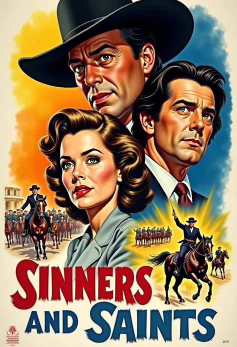 Create a classic poster drawn in the style of Drew Struzan. The poster is for a movieed "Sinners and Saints". Title is in stylized block letters. Faces of actors and actresses and action scenes are on the movie postolorful and bold imagery.