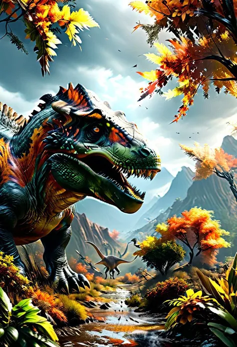 I want a realistic depiction of an extinct world of dinosaurs in the image to have a variety of animal species from the age of dinosaurs as well as a variety of vegetation characteristic of that period photo realism with autumn focus and correct and accurate shapes of the elements,