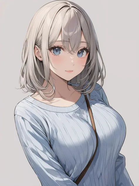 masterpiece,ultra-detailed,best quality,8K,illustration,cute face,clean skin ,shiny hair,girl,ultra-detailed-eyes,simple background, <lora:add-detail-xl:1> <lora:strap between breasts_XL_V1.0:0.7> strap between breasts,sweater