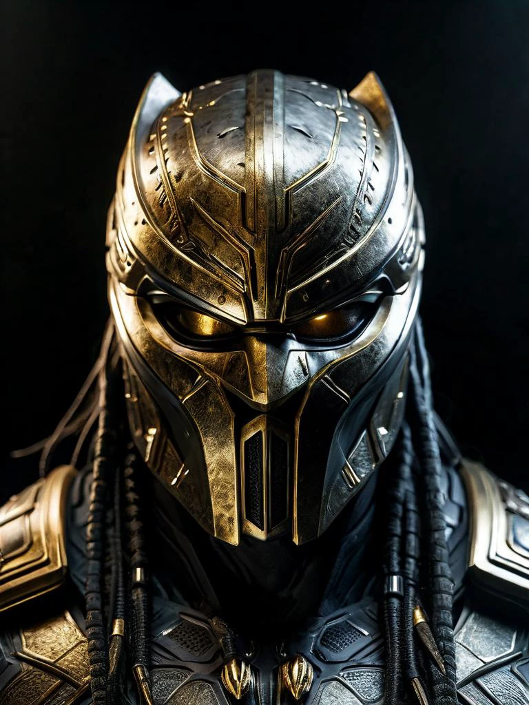 predator very aesthetic, highres, gold, black, silver, spartan mask, 4k, 8k, intricate detail, cinematic lighting, amazing quality, amazing shading, detailed Illustration, official artwork, wallpaper, official art, ((detailled grey eyes)) , from below, full body, skin detailled, pores, DLSR, Canon, bioluminescent urban background <lora:symmetrical:1> symmetrical <lora:add-detail-xl:3>