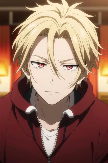 masterpiece, best quality, high quality, 1boy, solo, male focus, looking at viewer, upper body, <lora:king_of_despair:0.58>, king_of_despair, red eyes, blonde hair, hair between eyes, , track suit