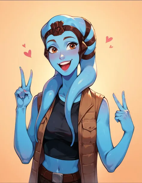 <lora:Smooth Anime Style LoRA XL:1> <lora:missionvao:1> <lora:princess_xl_v2:1>
score_9, score_8_up, score_7_up, zPDXL,
1girl, missionvao, twilek, lekku, alien, blue skin, brown vest, black top, sleevless, bare arms, <lora:missionvaoxl_reubzdubz:1>, happy winking face, making peace signs, high tech sci-fi corridor background