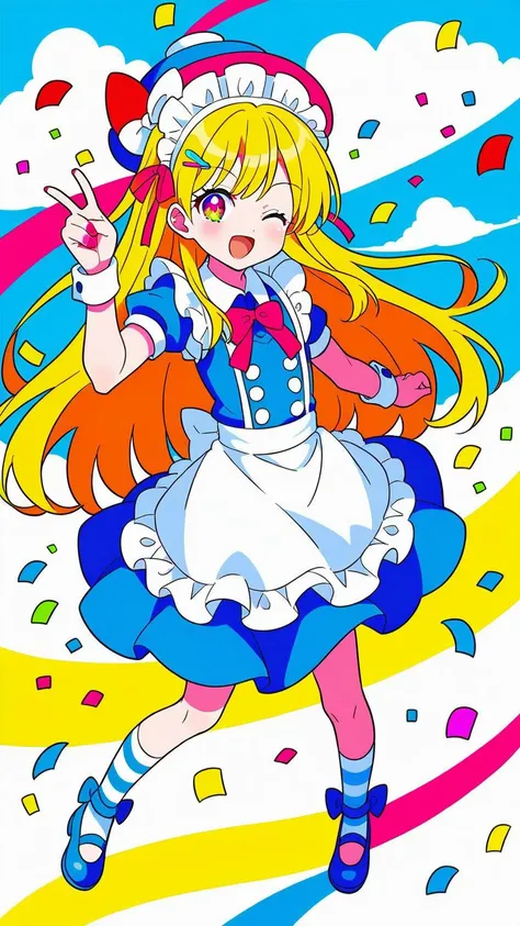 (1girl:1.3), (cute:1.2), (anime style:1.1), (simple background:1.2), (flat colors:1.2), (lineart:1.1), ((bright colors)), ((winking, playful expression)), blue sky, white clouds, confetti, (full body:1.1), (dynamic pose:1.1), (maid outfit), (striped clothes), (hat:1.1), (long hair:1.1), detailed eyes, (emotional:1.2), vibrant, cheerful, colorful, ((2D anime style))