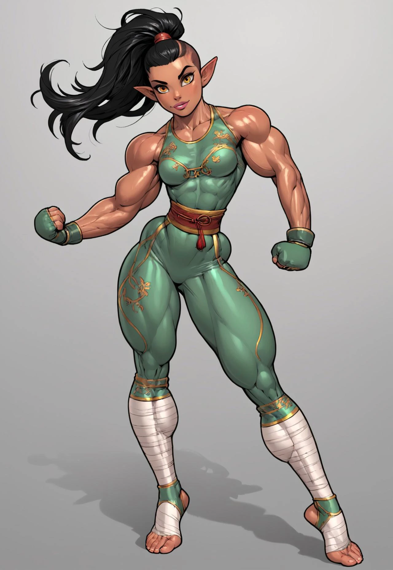safe_pos, score_9, score_8_up, score_8, anime style, source_anime, photorealistic, 1 girl, solo, elf, small breasts, tanned skin, shaved head, amber eyes, muscular, svelte, pokkuti, glistening skin, acrobat clothes, high waisted pants, green and gold clothing, chinese clothes, leg wraps, foot wraps, XUER martial arts style,