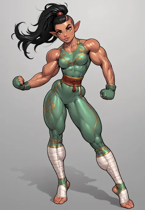 safe_pos, score_9, score_8_up, score_8, anime style, source_anime, photorealistic, 1 girl, solo, elf, small breasts, tanned skin, shaved head, amber eyes, muscular, svelte, pokkuti, glistening skin, acrobat clothes, high waisted pants, green and gold clothing, chinese clothes, leg wraps, foot wraps, XUER martial arts style,