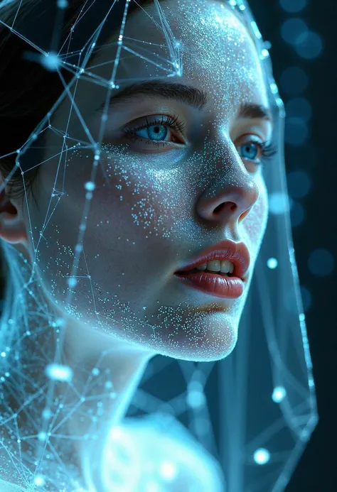 　An intense, close-up portrait of a woman's face, rendered as if her skin is made of fractured frosted glass, meticulously etched with a network of glowing circuitry that pulses with the flow of data. A delicate veil, crafted from interwoven strands of fiber optic cables and liquid crystal displays, partially obscures her features, creating a dynamic interplay of light, data, and geometric precision. 

The fiber optic cables of the veil transmit streams of binary code and holographic projections, illuminating her face with flickering patterns of information. The liquid crystal displays, embedded within the veil, showcase fleeting glimpses of the city's digital landscape: stock market fluctuations, surveillance feeds, and fragments of code.  Beneath the veil, her piercing blue eyes, enhanced with cybernetic implants, scan the data streams with an almost inhuman speed, her mind processing information at a superhuman level. Her full, slightly parted lips, painted a metallic silver, whisper algorithms and code fragments, her voice a digitized symphony of information. 

Within the frosted glass of her skin, stylized geometric patterns, reminiscent of data encryption keys and network nodes, pulse with a cool, ethereal light. These intricate designs, like a living circuit board, reveal the interconnectedness of the digital world and the flow of information that defines this futuristic society. 

The overall effect is both hauntingly beautiful and deeply mesmerizing, a testament to the artist's ability to evoke the beauty and complexity of the digital age, the fusion of technology and human consciousness, and the transformative power of information. The subtle lighting casts soft shadows and highlights that enhance the frostiness of the glass, the delicate details of the geometric patterns, and the technological elegance of the fiber optic and liquid crystal veil, creating a sense of delicate intricacy and futuristic allure. The background is a swirling vortex of data streams and binary code, suggesting the infinite expanse of the digital world and the woman's role as a conduit for its vast knowledge.