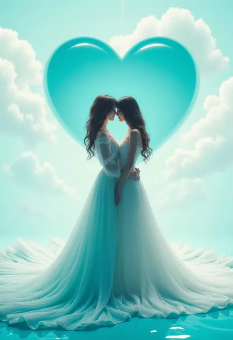 sky turquoise heart, couple in love, dark hair, luxurious airy dress with long train, aesthetics of female body, aesthetics of male body, loving looks, gentle touch, kissing, passion, water + air, single line drawing, HDR, 4k, sharp detail and realistic image, high resolution, soft lighting, aesthetic, minimalism, professional photo, detailmaximizer